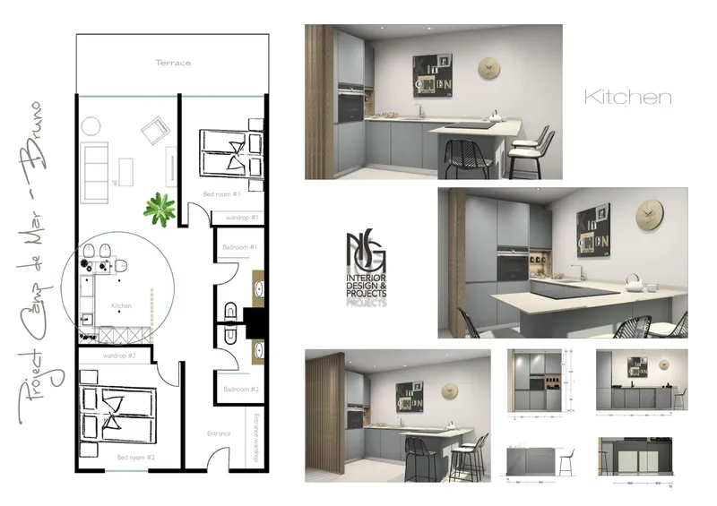 Lámina de propuesta: plano de la vivienda y opción A de cocina en visualización