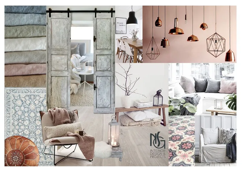 Collage de inspiración: puertas de granero, tonos rosados, lámparas de cobre y textiles