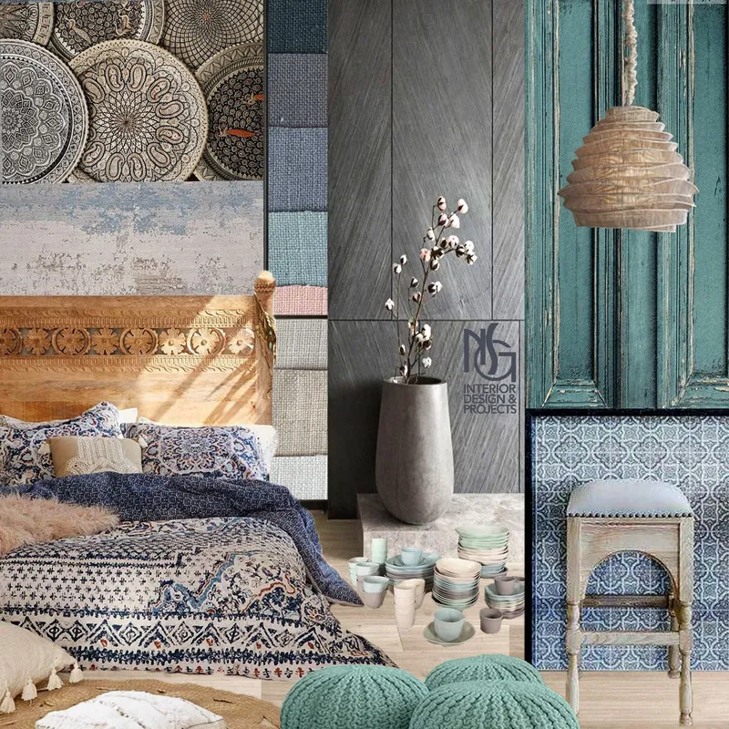 Collage de inspiración: cestería, azul petróleo, textiles estampados y madera