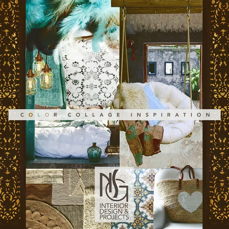 Collage de color con plumas turquesa, encaje, mimbre y piezas artesanas