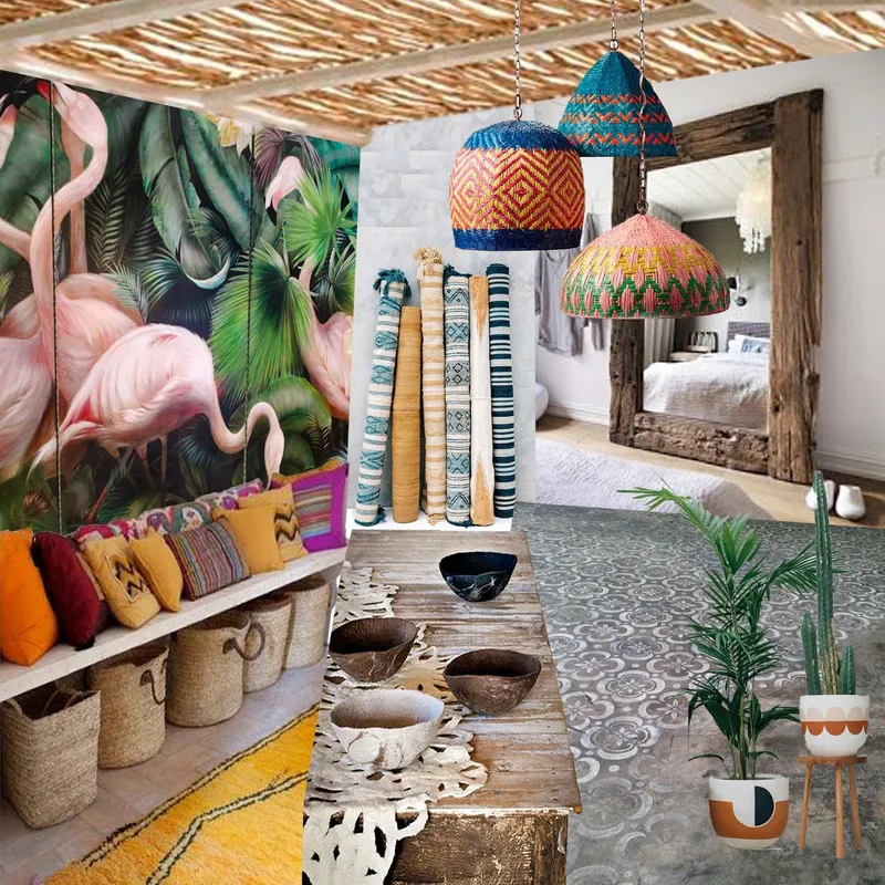 Collage de verano: flamencos, cestas de colores, cerámica y pérgola de caña