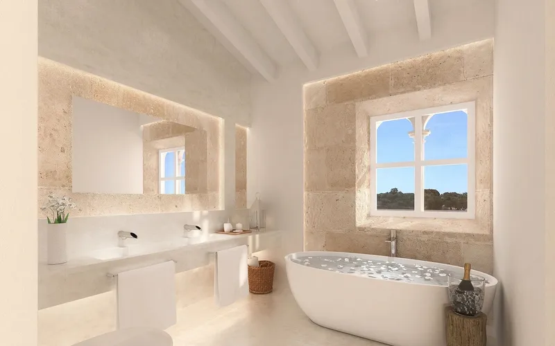 Visualización 3D: baño con bañera exenta, piedra y ventana