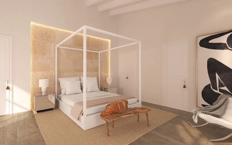 Visualización 3D: dormitorio con cama con dosel blanco y banco de madera