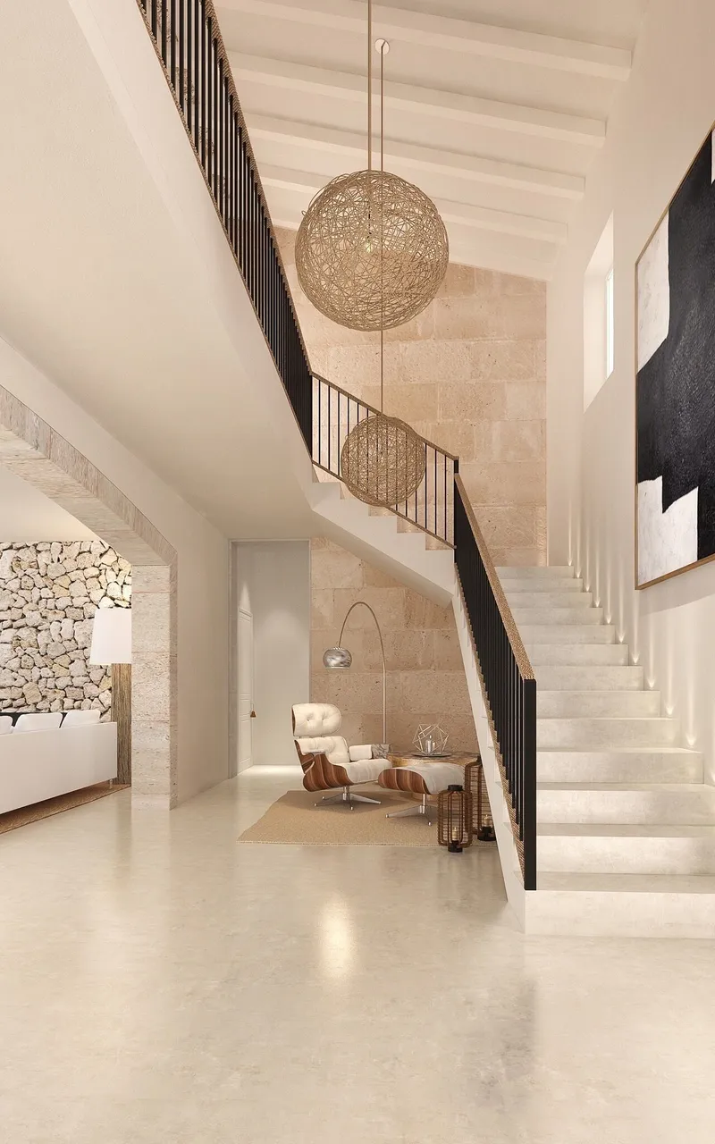 Visualización 3D: escalera con lámpara de fibra y distribuidor