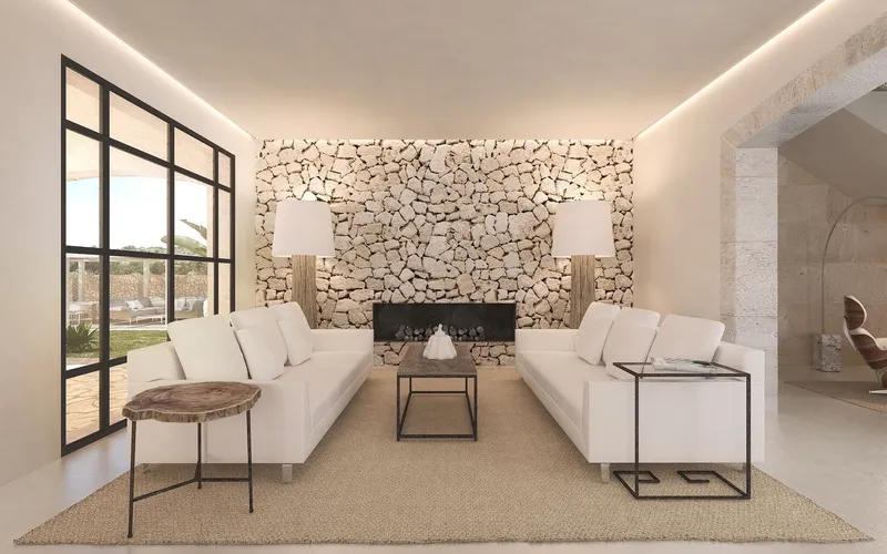Visualización 3D: salón con pared de piedra, chimenea y dos sofás blancos