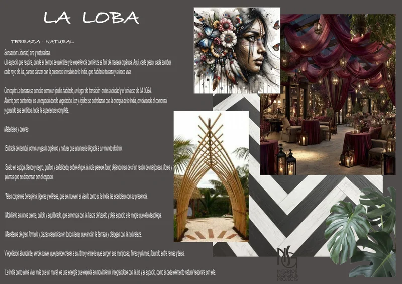Lámina de concepto: terraza «Natural», con texto, referencias de color, plantas y pavimento