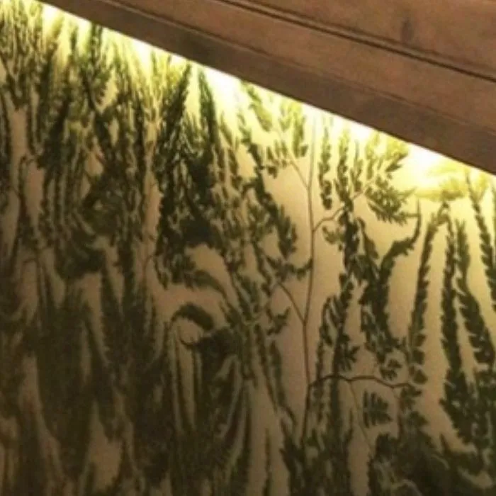Ferns beneath the backlit bar at Restaurante Adrián Quetglas