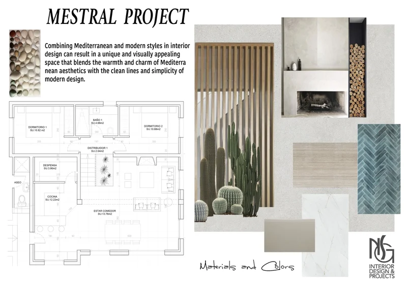 Lámina Mestral Project: plano, materiales y colores con lamas de madera, espiga verde y piedra