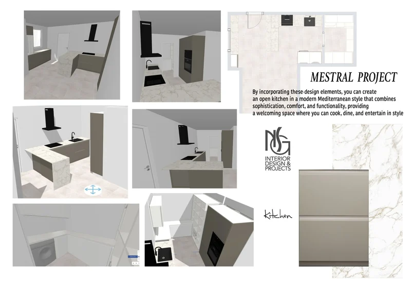 Lámina de cocina: distribución en 3D, materiales y colores