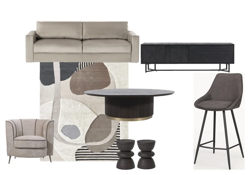 Collage de propuesta para el salón: sofá, butaca, mesa redonda, taburete y alfombra