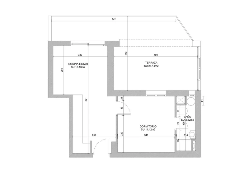 Plano del estado actual con cotas: cocina-estar, terraza, dormitorio y baño
