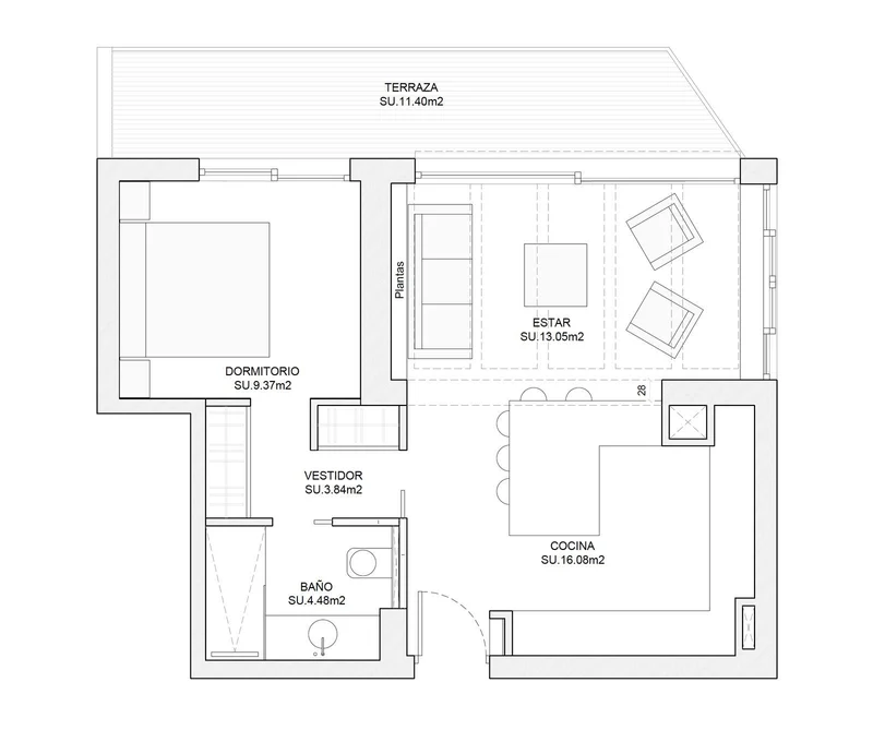 Plano de la nueva distribución: dormitorio, estar, cocina, baño y terraza