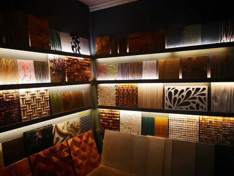 Muestrario iluminado con paneles de madera, piedra y textiles (archivo del estudio)