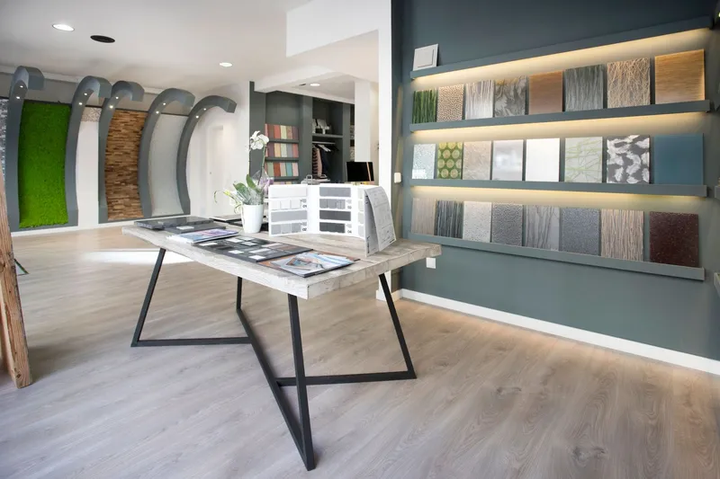 Biblioteca de materiales iluminada con muestras de revestimientos y una mesa de trabajo de madera