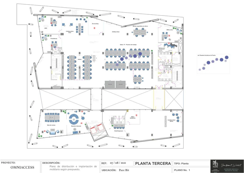 Plano de distribución e implantación de mobiliario, planta tercera