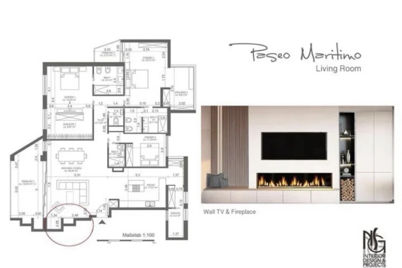 Lámina del salón: plano de la vivienda y pared de televisión con chimenea