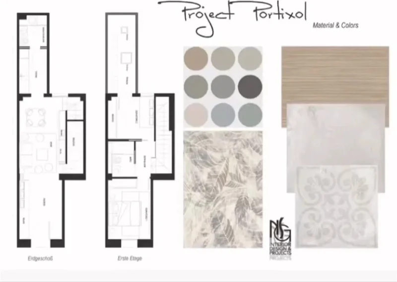 Lámina de concepto: planos de planta baja y primera, muestras de materiales y colores