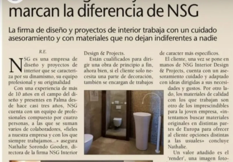 Recorte de prensa: «…originales y auténticos marcan la diferencia de NSG», con fotos de un baño y un salón