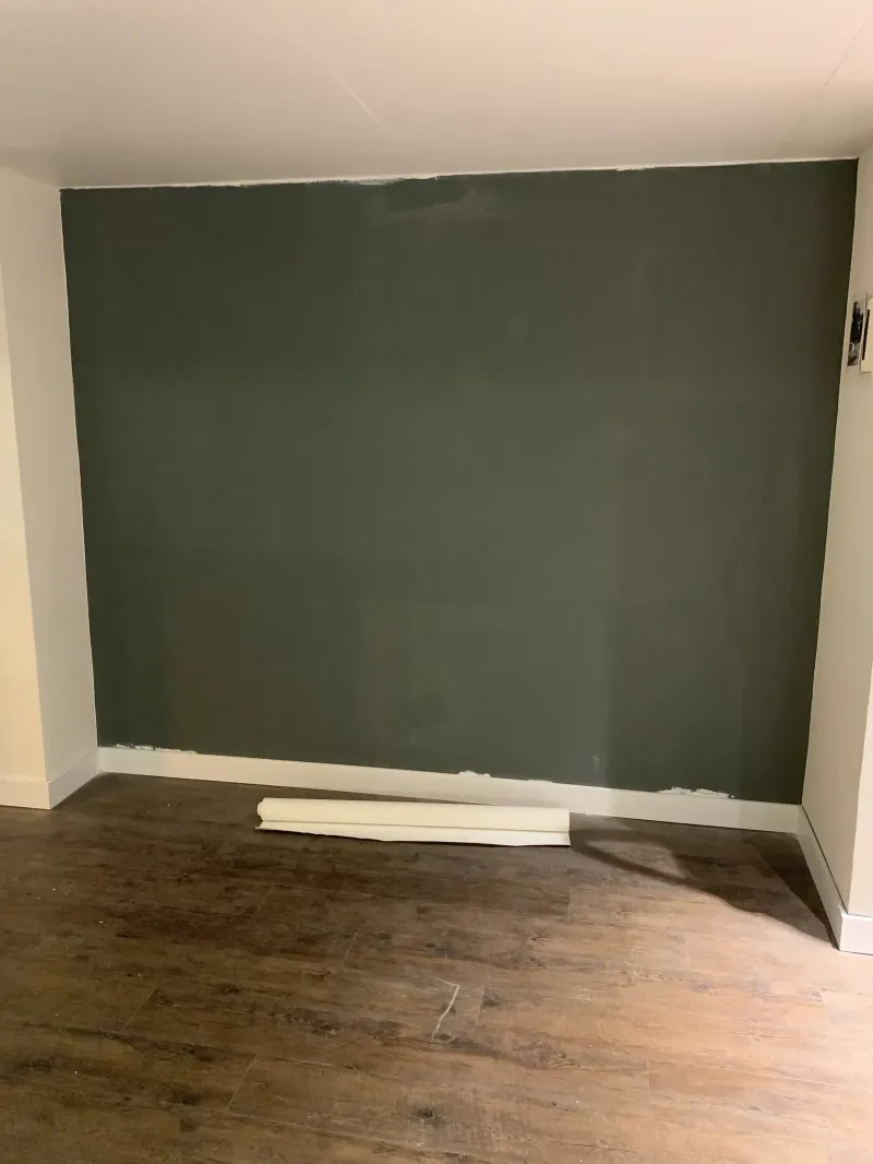 Obra: pared pintada en verde oscuro, preparada para el muro de musgo