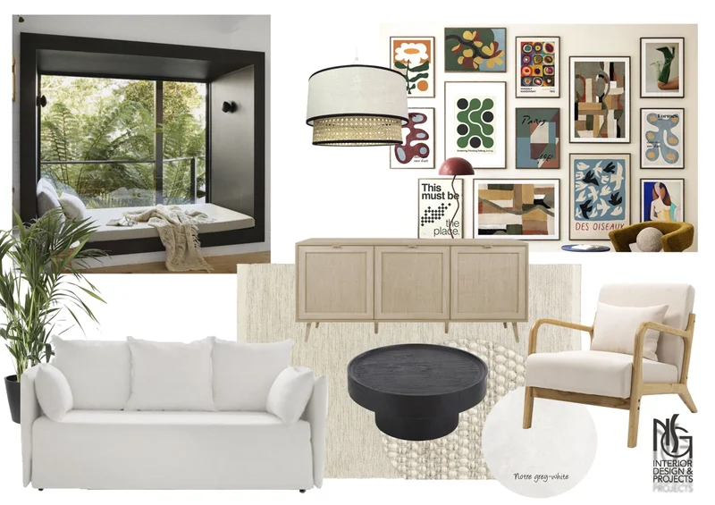 Collage de propuesta para el salón: sofá blanco, mesa negra, aparador, butaca y cuadros