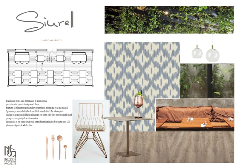 Lámina de concepto Siurell · Invernadero: plano, tejido ikat azul y mobiliario