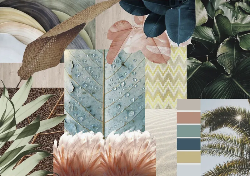 Lámina de concepto Siurell · Moodboard de colores y texturas: hojas, terracota, azul y arena