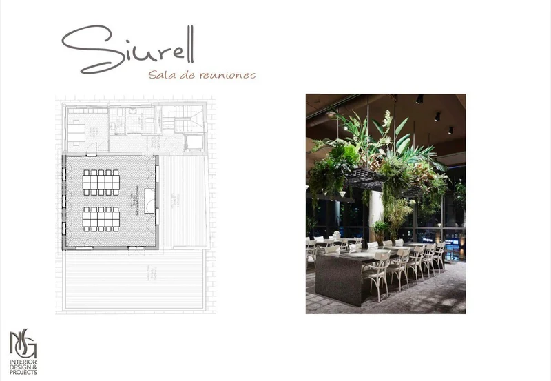 Lámina de concepto Siurell · Sala de reuniones: plano y referencia de mesa larga bajo vegetación