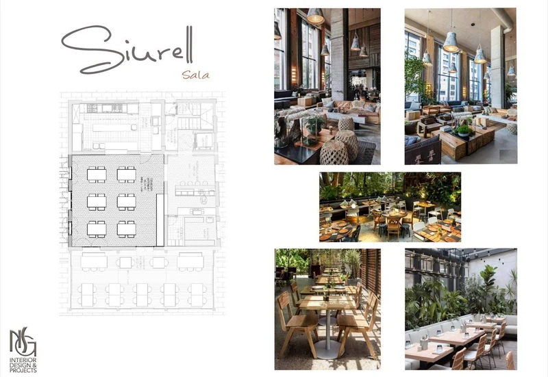 Lámina de concepto Siurell · Sala: plano y referencias de comedor con vegetación