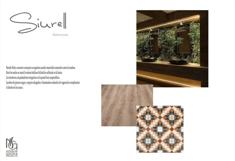 Lámina de concepto Siurell · Servicios: madera, baldosa hidráulica y lavabos con vegetación