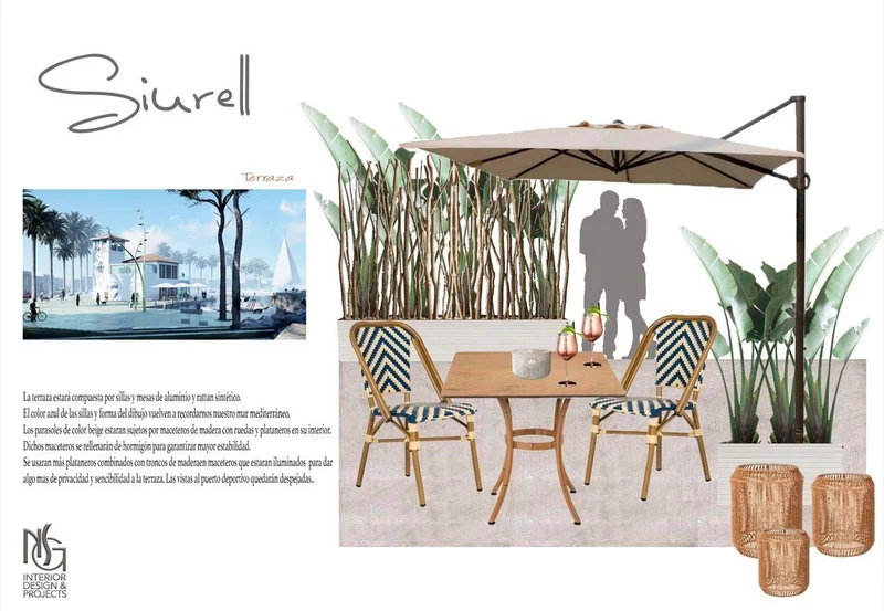 Lámina de concepto Siurell · Terraza: sillas trenzadas, sombrilla y maceteros con vegetación